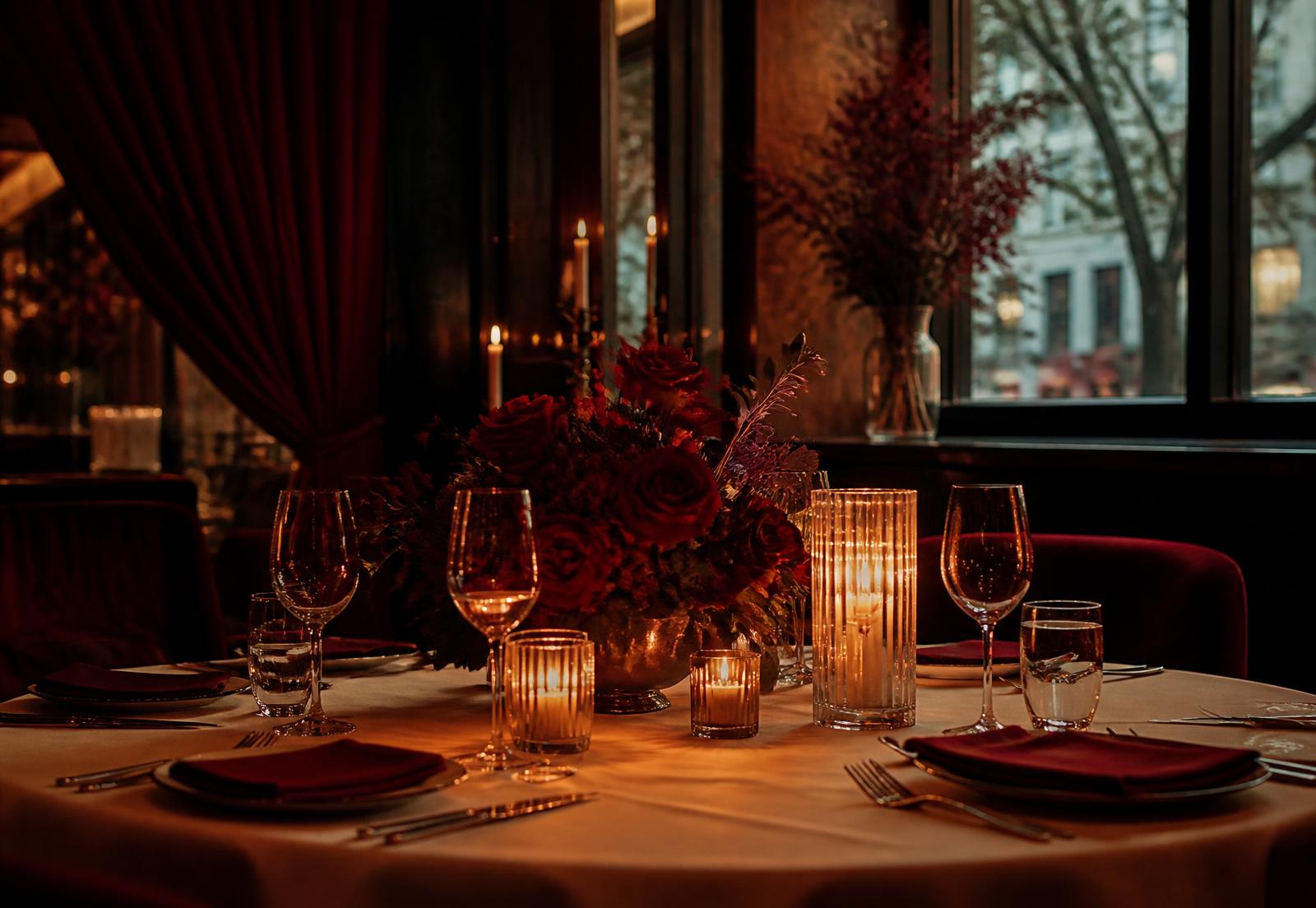 Candlelit dinner table set with red roses in a warm Portland dining room